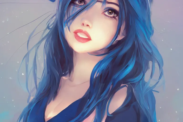 Image similar to Beautiful girl, full body, blue hair, symmetrically, smiling, black background, pixiv, trends artstation, artist WLOP artstation, artist Mam BA artstation