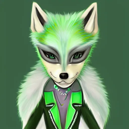 Prompt: Beautiful digital painting of an anthro anthropomorphic pastel-green wolf, Punk outfit. cute