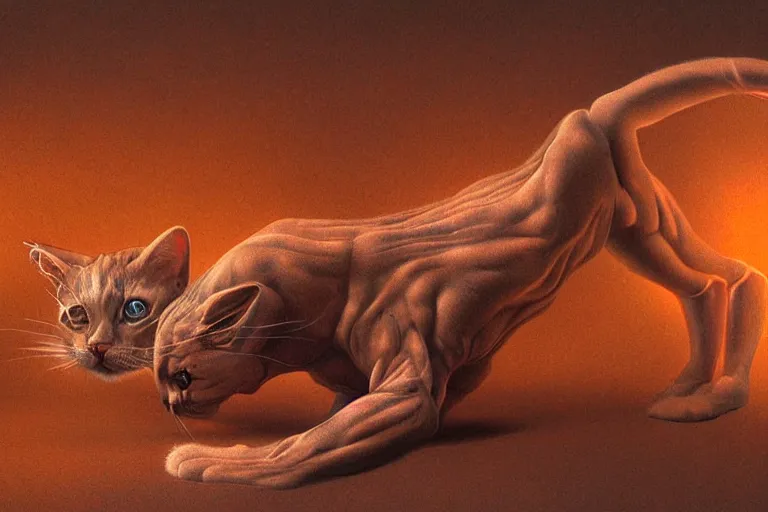 Image similar to An cat made of muscles and flesh, alex grey, ambient light, terror, glows, realistic, photo-realism, hyper realism, picture, detailed, 3D render, scary, distant shot, in the distance,