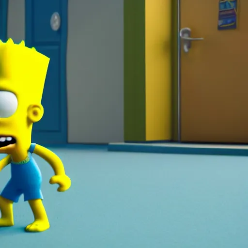 Image similar to film still of Bart Simpson in Monster Inc from Pixar, uncropped, centered, octane render, volumetric, raytracing, trending on artstation