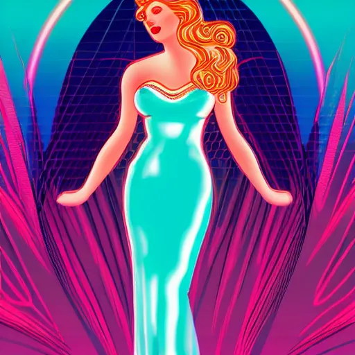 Prompt: a beautiful greek goddess aphrodite, in retro colors, synthwave style, 2 d digital vector art