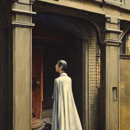 Image similar to detailed face of an intelligent cloaked scholarly middle aged woman with kind eyes in a architectonic victorian courtyard at a science expo, atmospheric, ambient, pj crook, syd mead, livia prima, artgerm, greg rutkowski, nick alm, casey baugh