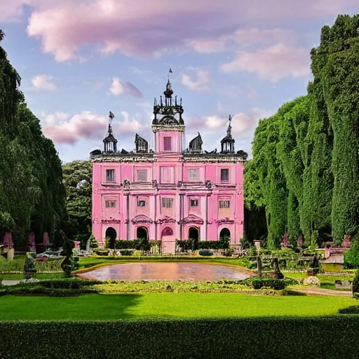 Prompt: victorian palace with beautiful gardens on pink fluffy clouds adopts the language of rococo, reimagining the dynamism of works by eighteenth - century artists such as giovanni battista tiepolo, francois boucher, nicolas lancret and jean - antoine watteau through a filter of contemporary cultural references including film, food and consumerism