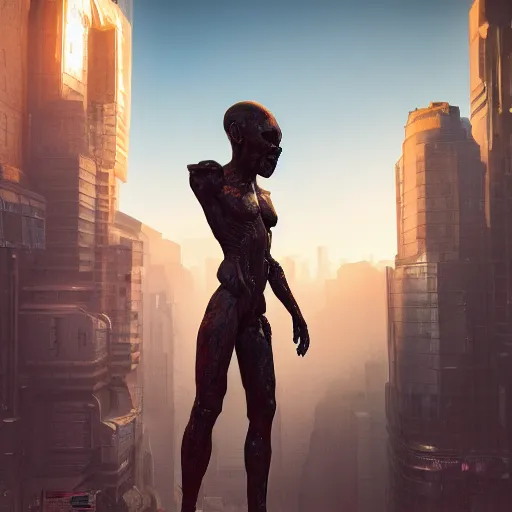 Image similar to a hyper real comic book style portait painting of a stone statue of an alien in a futuristic city in the background, unreal 5, hyperrealistic, octane render, cosplay, rpg portrait, dynamic lighting