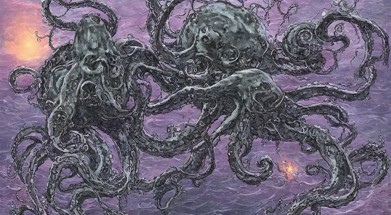 Prompt: esoteric kraken like monster who lives under a lake of methane who controls robots