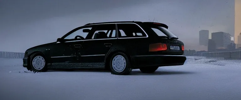 Image similar to Audi A4 B6 Avant (2002), a gritty neo-noir, dramatic lighting, cinematic, eerie person silhouette, death, homicide, homicide in the snow, gunshots, establishing shot, extremely high detail, photorealistic, cinematic lighting, artstation, by simon stalenhag, Max Payne (PC) (2001) winter new york at night, flashing lights, Poets of the Fall - Late Goodbye