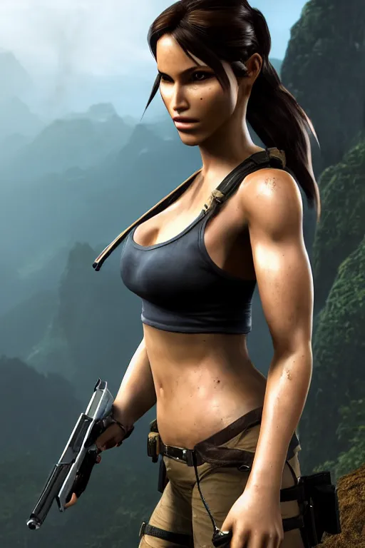 Image similar to Lara Croft as a DOA character, photorealism, full body, white ambient background, unreal engine 5, hyperrealistic, highly detailed, XF IQ4, 150MP, 50mm, F1.4, ISO 200, 1/160s, natural light, Adobe Lightroom, photolab, Affinity Photo, PhotoDirector 365, realistic