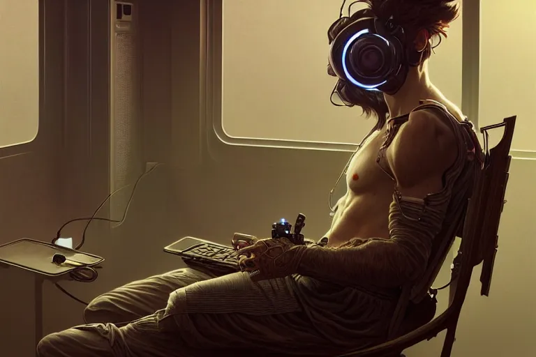 Image similar to ultra realistic, beautiful male plugged into the internet, sitting in chair, vr, sci - fi, intricate details, eerie, highly detailed, octane render, 8 k, art by artgerm and alphonse mucha and greg rutkowski