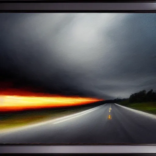 Image similar to window view from a car on a long country road late at night during a storm, heavy fog, extremely detailed oil painting, highly detailed, abstract, deep aesthetic, 8 k, highly ornate intricate details, cinematic lighting, rich colors, digital artwork, beautiful scenic view, ray tracing, hyperrealistic, photorealistic, cinematic landscape, trending on artstation, concept art,