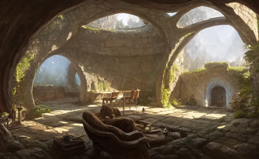 Image similar to painting of a series of living quarters overlooking communal area of a hidden, cozy ring - shaped complex carved inside a mountain, overlooking the great room, well maintained, clean, medieval, fantasy genre, natural light, fantasy, natural light, concept art, by greg rutkowski and craig mullins, cozy atmospheric and cinematic lighting, trending on artstation