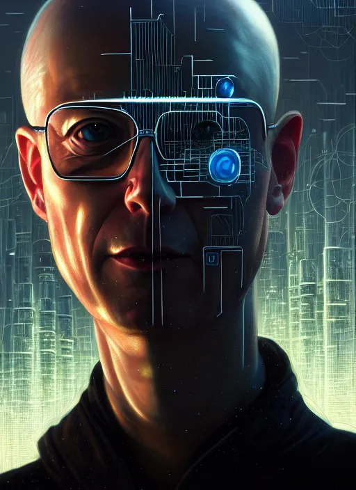 Image similar to closeup portrait shot of a cyberpunk klaus schwab in a scenic dystopian environment, intricate, elegant, highly detailed, centered, digital painting, artstation, concept art, smooth, sharp focus, illustration, artgerm, tomasz alen kopera, peter mohrbacher, donato giancola, joseph christian leyendecker, wlop, boris vallejo