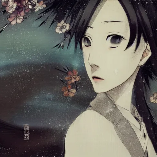 Image similar to yoshitaka amano blurred and dreamy realistic illustration of a young japanese woman in anime style with black eyes, wavy white hair fluttering in the wind wearing dress suit with tie, junji ito abstract patterns in the background, satoshi kon anime, noisy film grain effect, highly detailed, renaissance oil painting, weird portrait angle, blurred lost edges, three quarter view