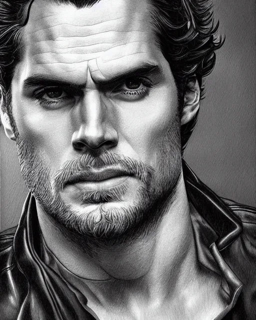 Image similar to portrait of henry cavill, gritty, dark, wearing a leather jacket, very detailed eyes, hyperrealistic, very detailed painting by Glenn Fabry, by Joao Ruas, by Artgerm