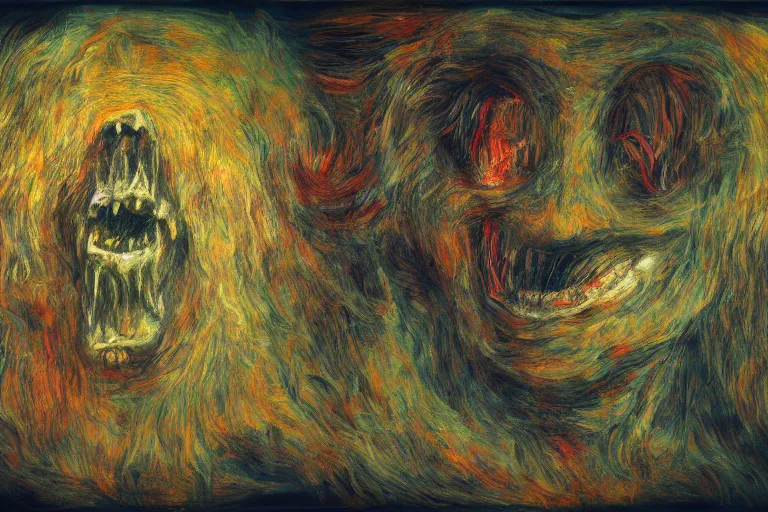 Image similar to painting of a monster in the style of trevor henderson and james ensor goya, liminal space, 3 d render, glitch effect