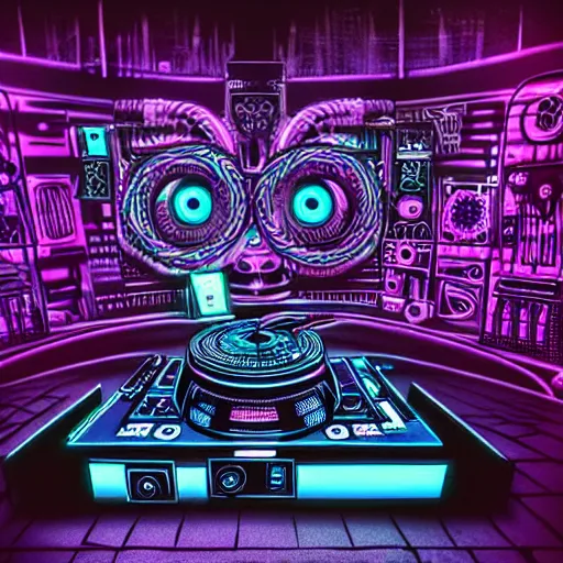 Image similar to intricate detailed artwork of a futuristic hardstyle music dj at an underground warehouse rave in the style of Sandra Pelser, VR headset, wires, speakers, neon