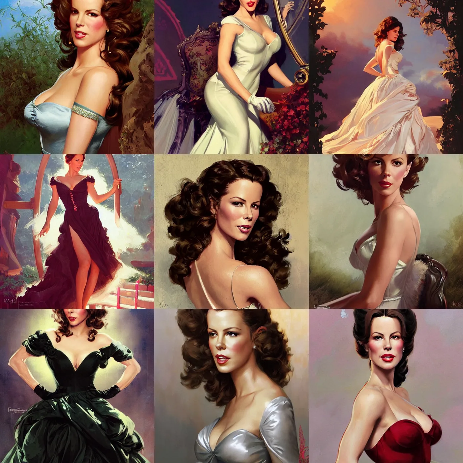 Prompt: Kate Beckinsale wearing a ball gown, beautiful. highly detailed face and hair. art by Gil Elvgren and Fernanda Suarez and Greg Manchess and Sachin Teng