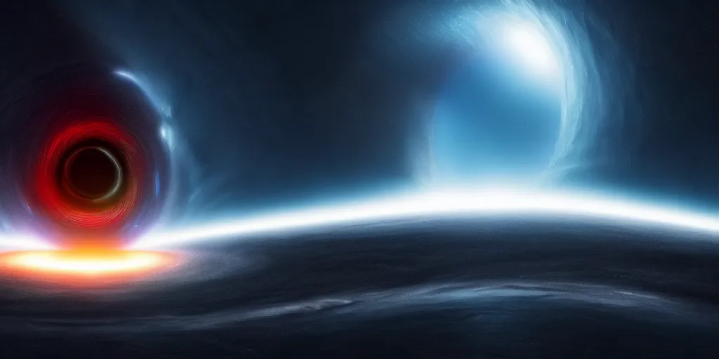 Image similar to giant glowing black hole in deep space, portal, day, ultra high definition, ultra detailed, sci - fi, dark fantasy, by paul chadeisson and denis villeneuve