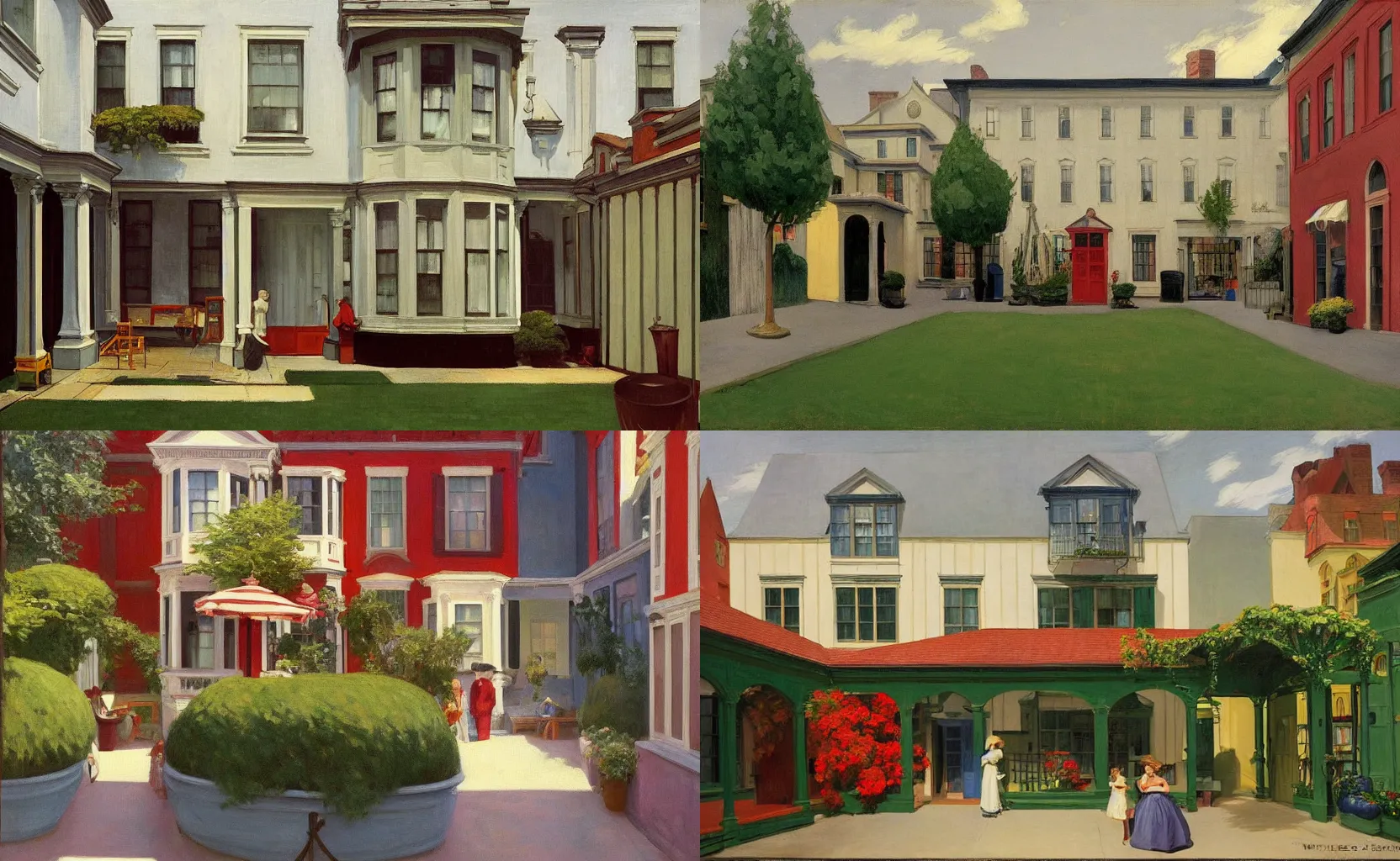 Prompt: a quaint Victorian courtyard, painting by Edward Hopper and Wes Anderson