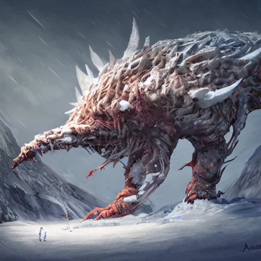 Image similar to A monster in the Arctic covered in snow, fractal Lighting, by Stanley Artgerm Lau, WLOP, Rossdraws, James Jean, Andrei Riabovitchev, Marc Simonetti, and Sakimichan, trending on artstation