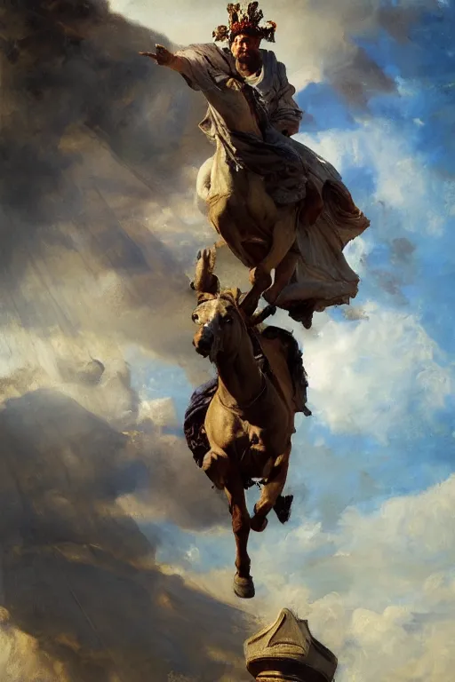 Image similar to beautiful detailed expressive impressionistic oil painting portrait of ancient roman god emperor steve buscemi ascending on high wearing the civic crown, renaissance painting, dark background, art by anders zorn, wonderful masterpiece by greg rutkowski, expressive brush strokes, beautiful cinematic light, american romanticism by greg manchess, jessica rossier