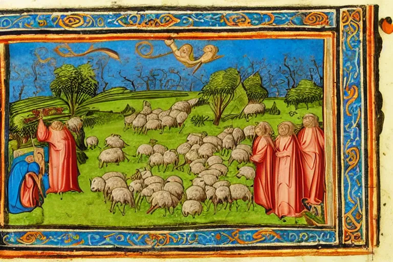 Image similar to medieval illuminated manuscript bible page depicting a tranquil pastoral landscape with sheep