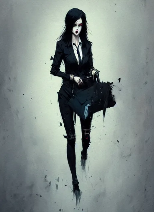 Image similar to ultradetailed beautiful panting of a stylish goth woman wearing a shirt with a tie, she has black hair, distressed, by greg rutkowski, ashley wood, ilya kuvshinov, on artstation