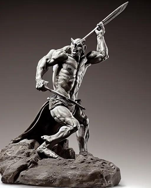 Image similar to a full figure rough marble sculpture of running Orc holding a sword, by Frazetta and Bernini, studio lighting, wide angle lens