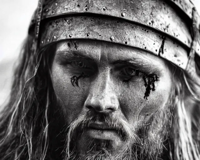Image similar to A very close up of a viking with scars on the face, rage
