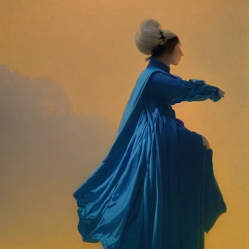 Image similar to young woman's face, her hair is white and she wears a cobalt blue satin cloak, by ivan aivazovsky and syd mead and moebius and gaston bussiere and roger dean and odd nerdrum and pieter claesz and paul delaroche and alma tadema and aelbert cuyp, hyperrealistic, volumetric light, octane render