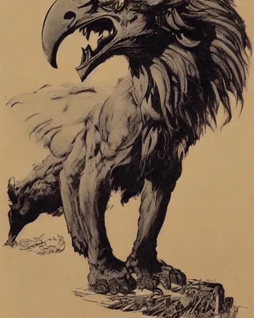 Image similar to a creature with the body and eyes of a man, with the beak of an eagle, the mane of a lion, and the horns of an ox. drawn by frank frazetta