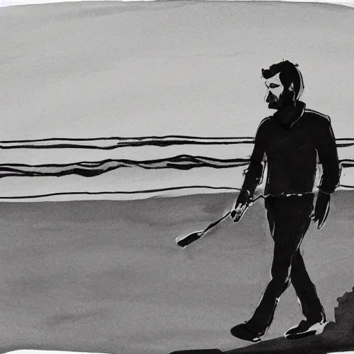 Image similar to ink and brush drawing of oscar isaac walking on the beach smoking, sunset