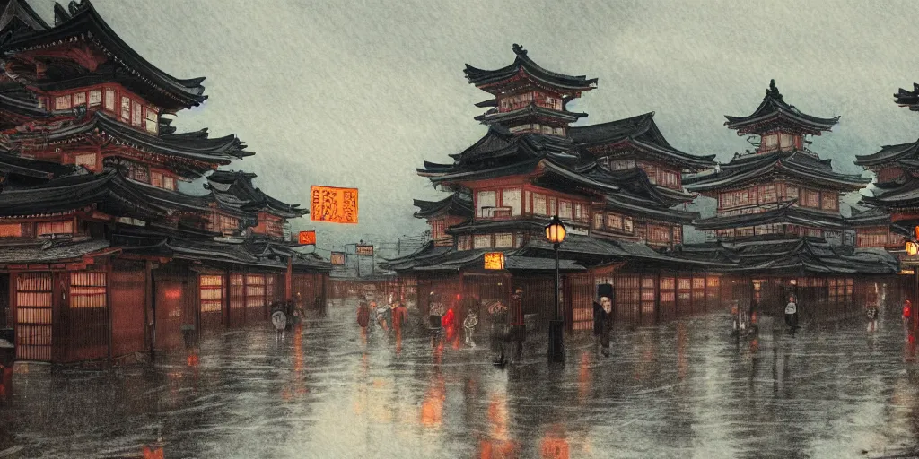 Image similar to feudal japan tokyo street at dusk, raining, detailed reflections, on a postcard, cinematic lighting!!, 4k, trending on artstation, detailed watercolour, rule of thirds, center focus, art by albert bierstadt