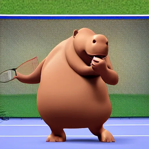 Image similar to anthromorphic hippos playing badminton in the style of a Pixar film