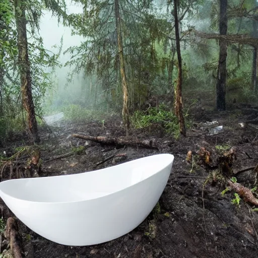 Image similar to pristine porcelain bath filled with bubbles in a clearcut rainforest, slash and burn, cleared forest, deforestation, bath overflowing with bubbles, tree stumps, smouldering charred timber