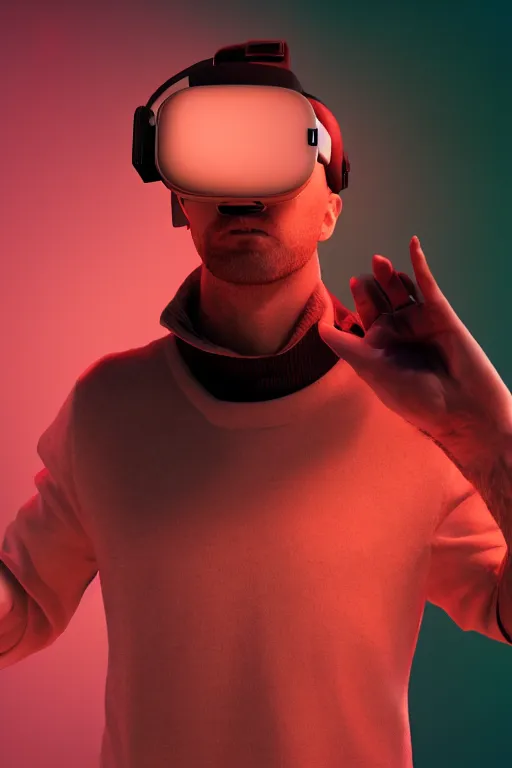 Image similar to bald man in an oculus quest 2 looking up to the right, three point lighting, colorful, colored lights, oculus quest 2, oculus, gradient backround, 8 k, octane render, realistic