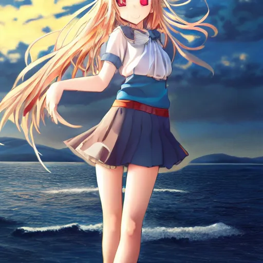 Image similar to a very beautiful anime cute girl, full body, long wavy blond hair, sky blue eyes, full round face, short smile, fancy top, miniskirt, front view, summer lake setting, strong wind, cinematic lightning, medium shot, mid-shot, highly detailed, cinematic wallpaper by Stanley Artgerm Lau