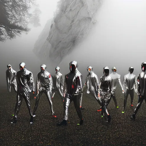 Image similar to unsplash contest winning photo, a giant crowd of men in full - body shiny reflective silver latex suits including masks and pants and shirts, inside a colorful dramatic unique rocky western landscape, low fog, neon light tube