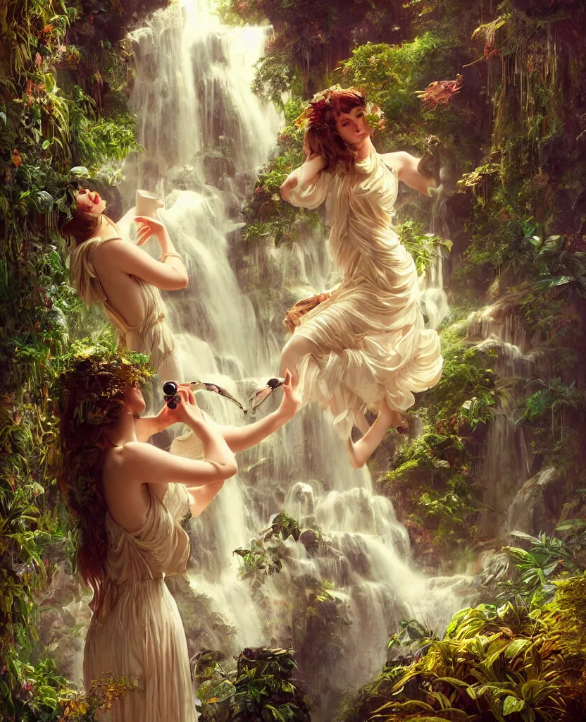 Image similar to hyper realistic photographer looking through a vintage medium format camera, magic pouring from lens, fantasy castle, full body waterfall dress, design on white background, beautiful details, lush foliage cyberpunk, gold, drawn by john singer sargent, tom bagshaw, norman rockwell, alphonso mucha, lolish, trending on artstation