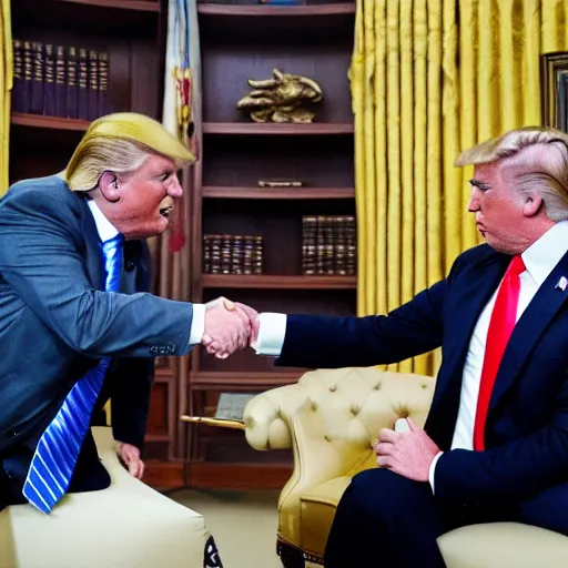 Image similar to professional photograph of a gorilla wearing a suit and donald trump shaking hands in the white house, 8 k, very intricate, very detailed,