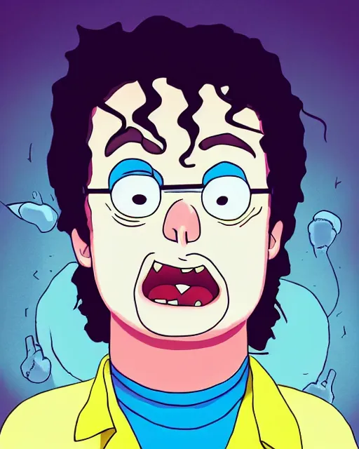 Image similar to portrait of michael jackson in the style of justin roiland. cinematic lighting. style of rick & morty. photographic, photography. by justin roiland