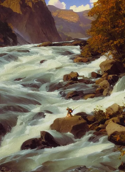 Prompt: a wide river with rapids and powerful currents, extremely detailed oil painting, sargent and leyendecker, savrasov levitan polenov, bruce pennington, tim hildebrandt, digital art, landscape painting, trending on artstation, masterpiece