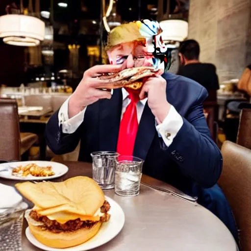 Image similar to donald trump stting at a restaurant table eating a cheeseburger with his mouth wide open, paparazzi photo