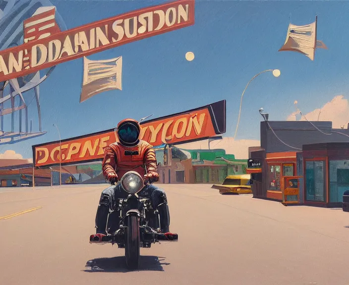 Image similar to a very detailed painting of a astronaut wearing a suit, riding a motorbike down a street, harley davidson motorbike, worm's - eye view, very fine brush strokes, very aesthetic, very futuristic, in the style of edward hopper and grant wood and syd mead, 4 k,