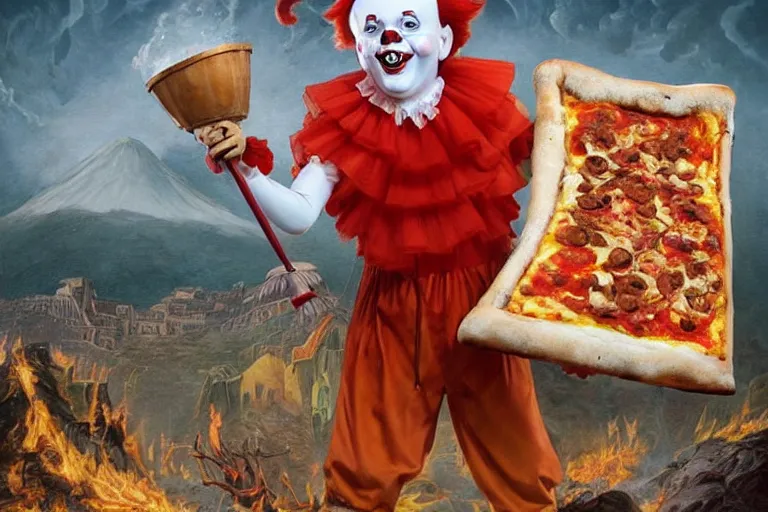 Image similar to pennywise as pulcinella!!! holding a large pizza!!, volcano in background, dark sky, smoke, glowing pools of lava, an ultrafine detailed painting by joe fenton, full body, wide angle, post - apocalyptic vibe, pop surrealism, sharp focus, whimsical, lowbrow, perfect symmetrical face, masterpiece, hyperrealistic, trending on deviantart