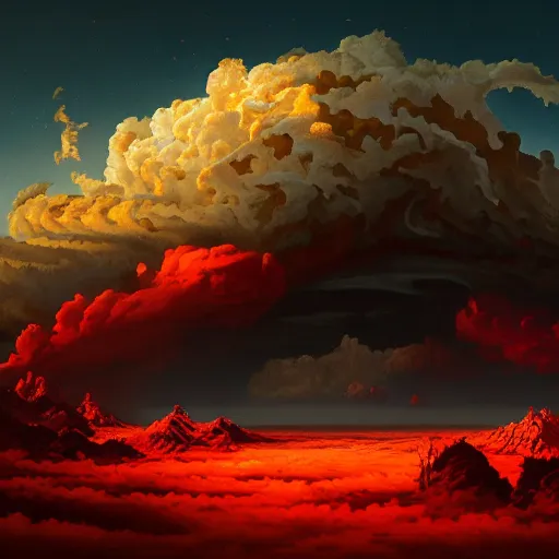 Prompt: ominous red cumulonimbus clouds, red sun, in style of Doom, insanely detailed and intricate, golden ratio, elegant, ornate, unfathomable horror, elite, ominous, haunting, matte painting, cinematic, cgsociety, Andreas Marschall, James jean, Noah Bradley, Darius Zawadzki, vivid and vibrant