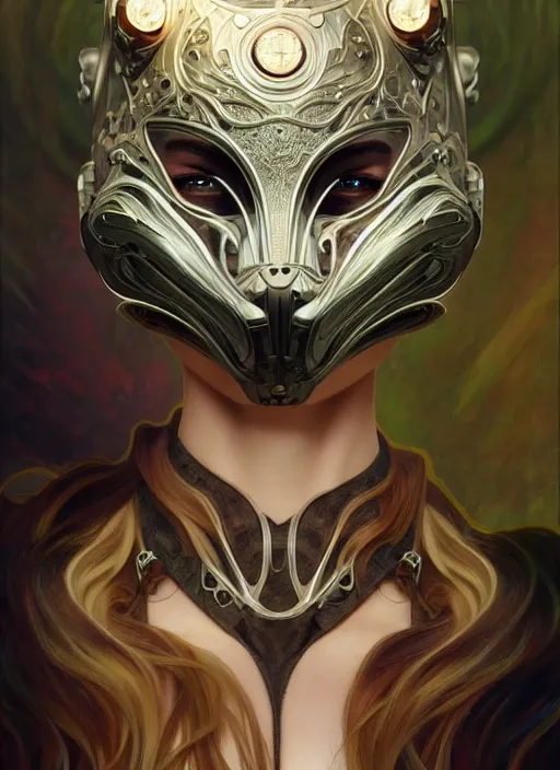 Image similar to organic cyborg, cat mask opening, diffuse lighting, fantasy, intricate, elegant, highly detailed, lifelike, photorealistic, digital painting, artstation, illustration, concept art, smooth, sharp focus, art by John Collier and Albert Aublet and Krenz Cushart and Artem Demura and Alphonse Mucha