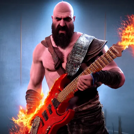 Image similar to kratos shredding on a flaming stratocaster guitar, cinematic render, god of war 2 0 1 8, santa monica studio official media, lightning, spartan rage, head turned