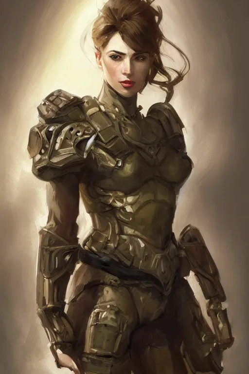 Image similar to a professionally painted portrait of an attractive young woman, clothed in military armor, olive skin, long dark hair, beautiful bone structure, symmetrical facial features, intricate, elegant, digital painting, trending on Artstation, concept art, smooth, sharp focus, illustration, from Metal Gear by Ruan Jia and Mandy Jurgens and Artgerm and William-Adolphe Bouguerea, award winning