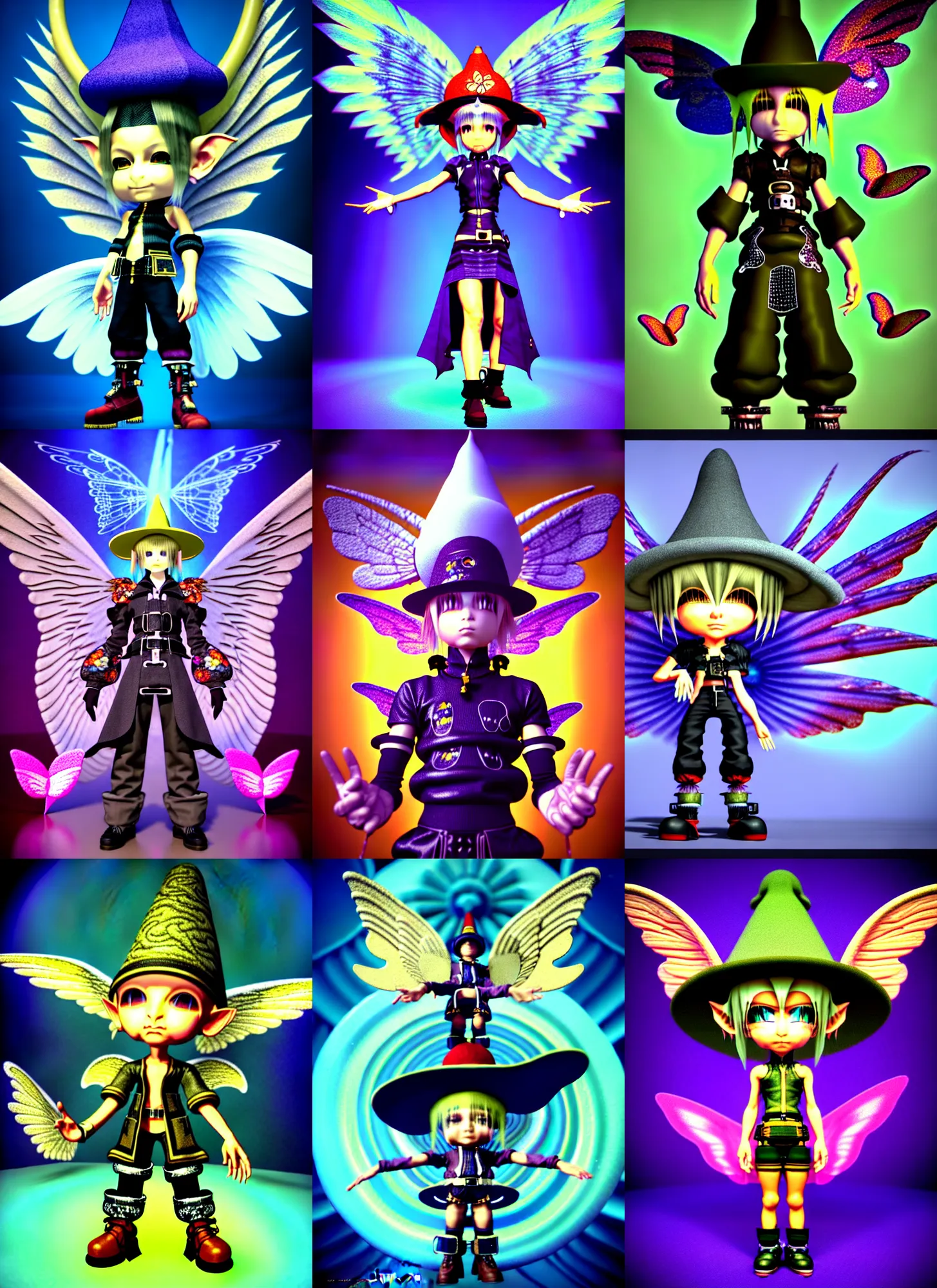 Prompt: vintage cgi 3 d render in the style of micha klein of chibi cyborg goblin final fantasy 8 by ichiro tanida wearing a big wizard hat and wearing angel wings against a psychedelic swirly background with 3 d butterflies and 3 d flowers n the style of 1 9 9 0's cgi graphics 3 d rendered y 2 k aesthetic by micha klein