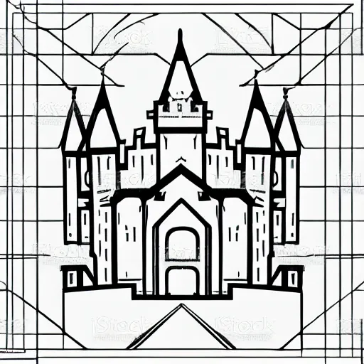 Image similar to glowforge template, black on white background, flat 2 d vector art, 2 d low polygon art, custom modern castle, symmetric art, vector line art, polygon